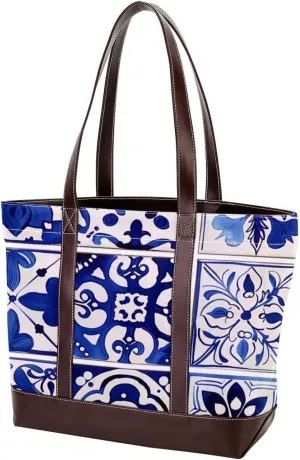 Purses for Women,Tote Bag for Women,Handbags for Women,Vintage Plaid Pattern Blue Print