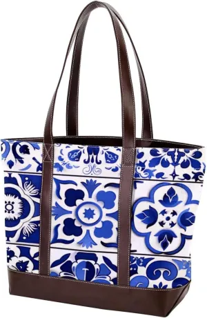 Purses for Women,Tote Bag for Women,Handbags for Women,Vintage Plaid Pattern Blue Print