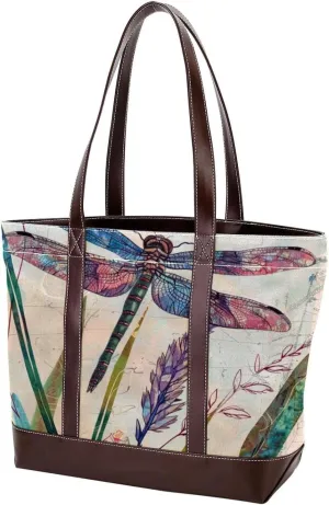 Purses for Women,Tote Bag for Women,Handbags for Women,Watercolor Vintage Plant Dragonfly