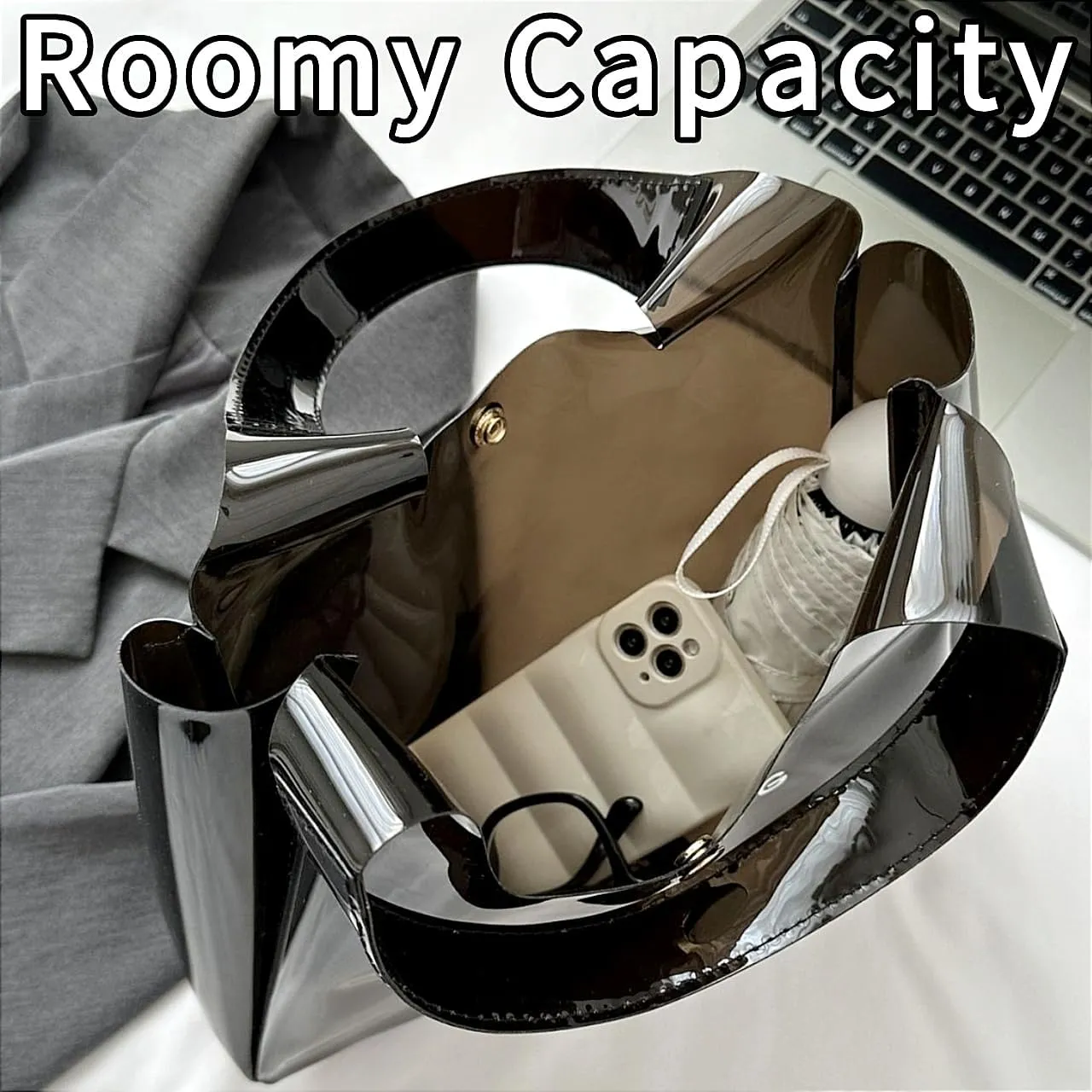 PVC Tote Bag Large Waterproof Kraft Paper Handbags with Zipper Pockets Handle for Women Work Beach Swimming