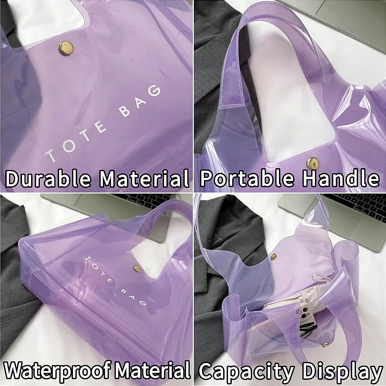PVC Tote Bag Large Waterproof Kraft Paper Handbags with Zipper Pockets Handle for Women Work Beach Swimming