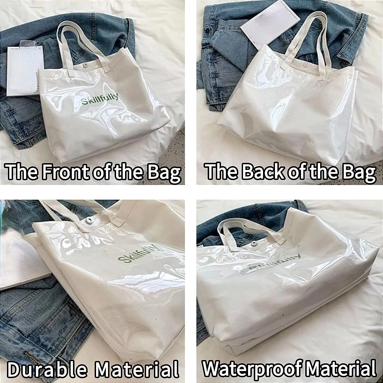 PVC Tote Bag Large Waterproof Kraft Paper Handbags with Zipper Pockets Handle for Women Work Beach Swimming