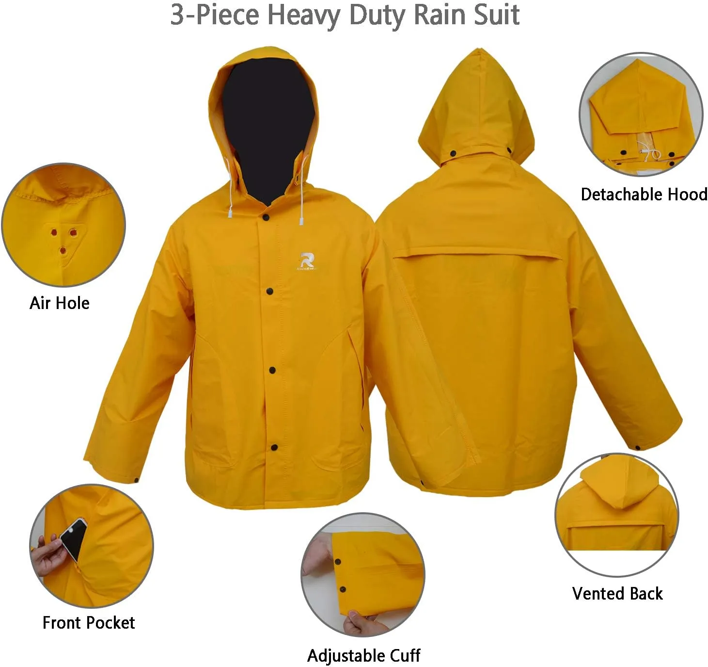 Rain Suit for Men Women Leathercraft Rain Gear Heavy Duty 3-Piece Commercial Rain Jacket with Bib Pants Overall
