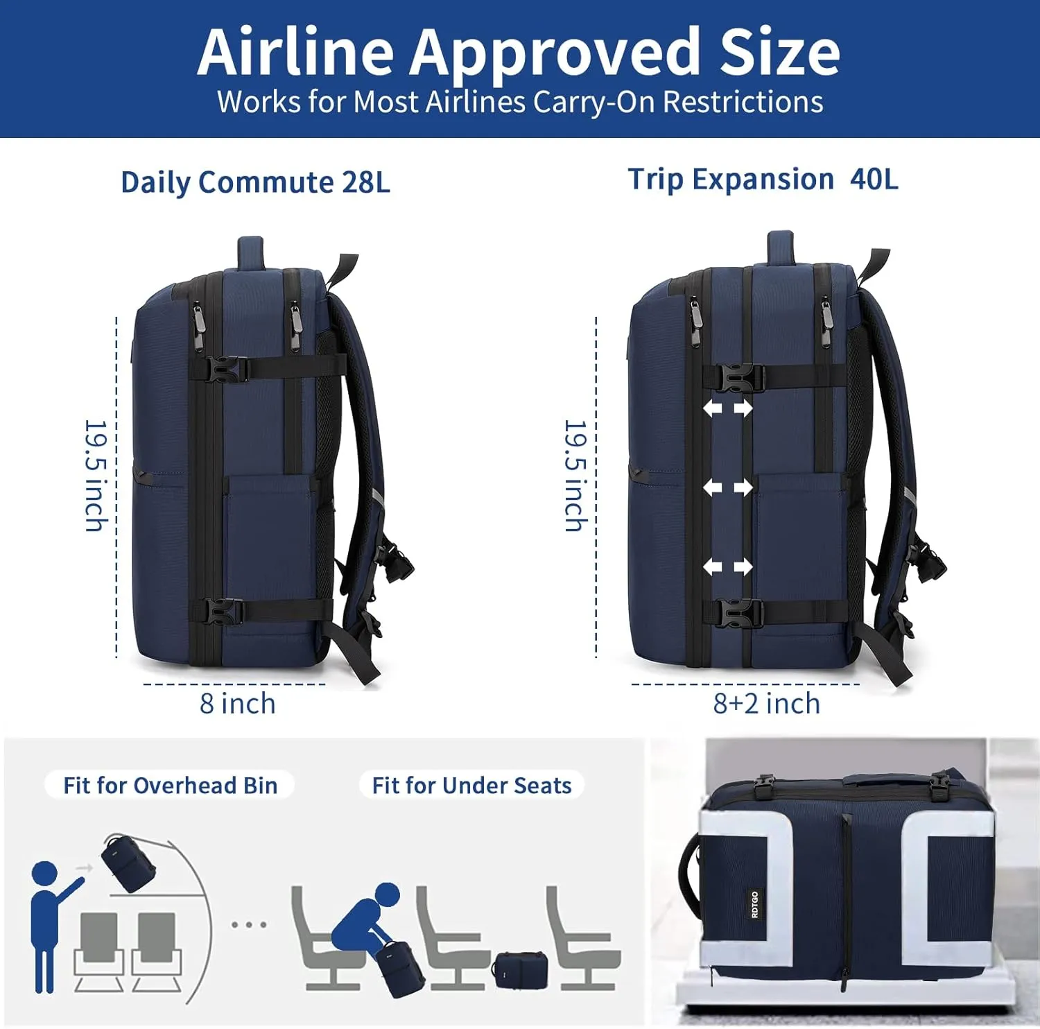 RDTGO Extra Large Travel Backpack for Men and Women, Navy, 17-Inch Laptop Backpack with 4 Packing Cubes, Waterproof and Organized