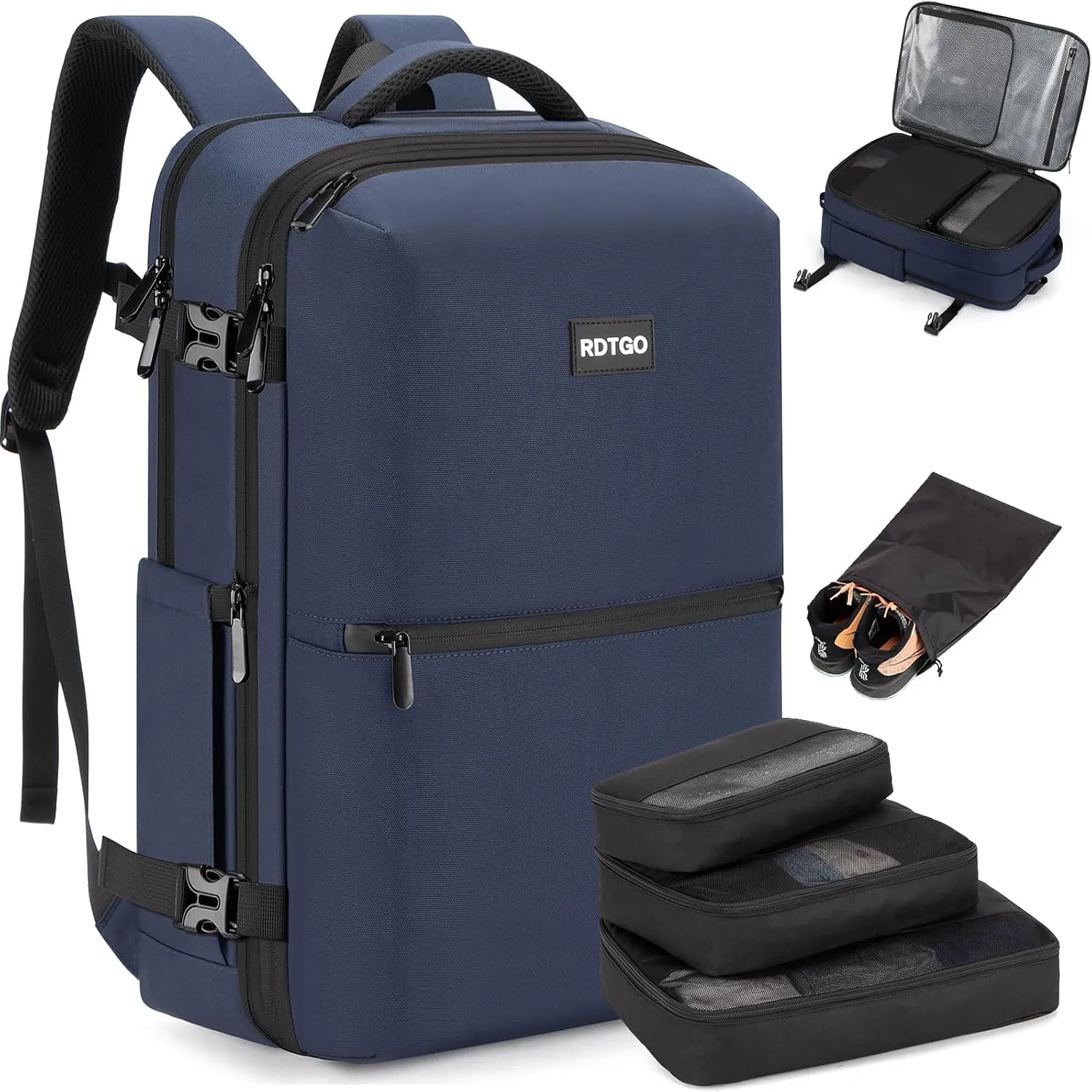 RDTGO Extra Large Travel Backpack for Men and Women, Navy, 17-Inch Laptop Backpack with 4 Packing Cubes, Waterproof and Organized