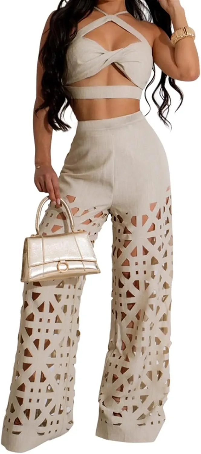 Recious Womens Sexy 2 Pieces Tank Tops Bodycon Wide Leg Cut Off Holes Pants Party Clubwear Tracksuit Outfits Set