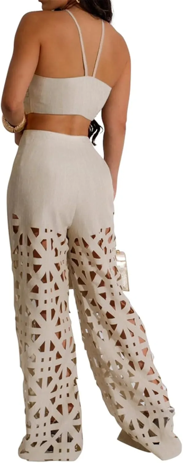 Recious Womens Sexy 2 Pieces Tank Tops Bodycon Wide Leg Cut Off Holes Pants Party Clubwear Tracksuit Outfits Set