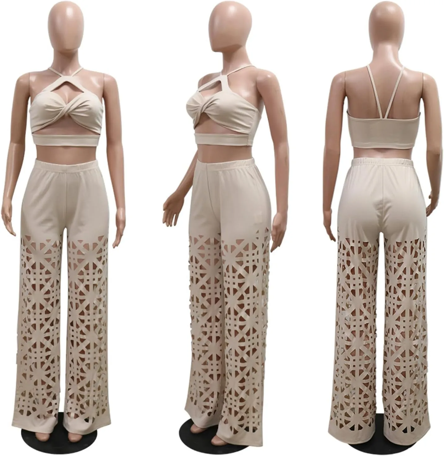 Recious Womens Sexy 2 Pieces Tank Tops Bodycon Wide Leg Cut Off Holes Pants Party Clubwear Tracksuit Outfits Set