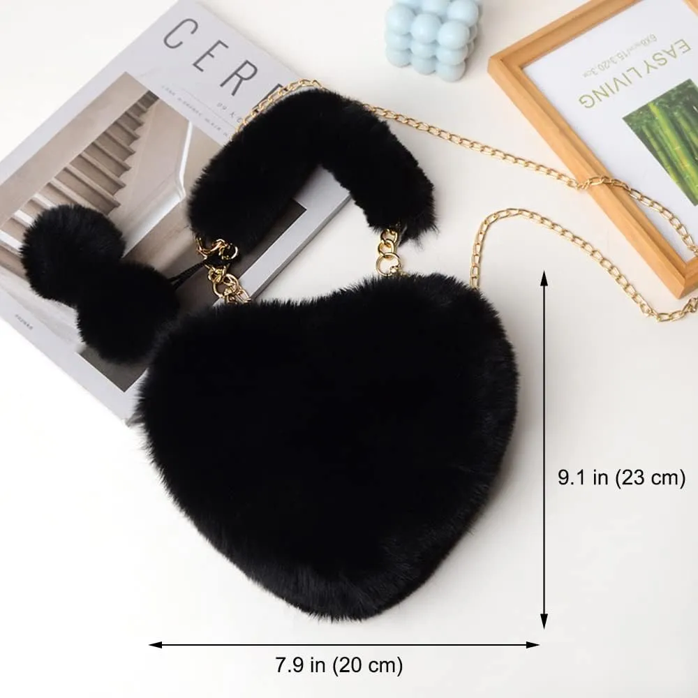 Rejolly Furry Purse for Girls Heart Shaped Fluffy Faux Fur Handbag for Women Soft Small Shoulder Bag Clutch Purse