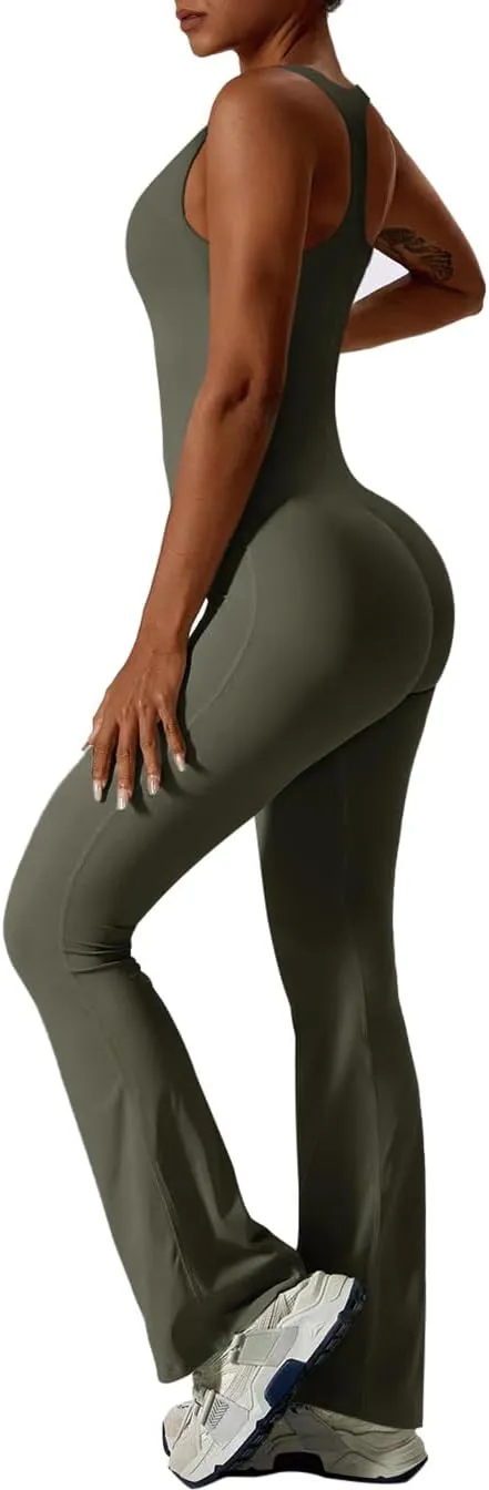 REORIA Women Summer Sexy V Neck Sleeveless Racerback Full Body Tummy Control Workout Bodycon Flare Jumpsuits