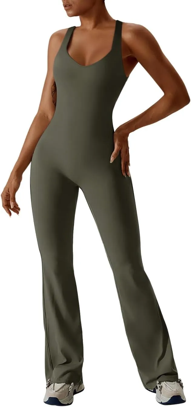REORIA Women Summer Sexy V Neck Sleeveless Racerback Full Body Tummy Control Workout Bodycon Flare Jumpsuits