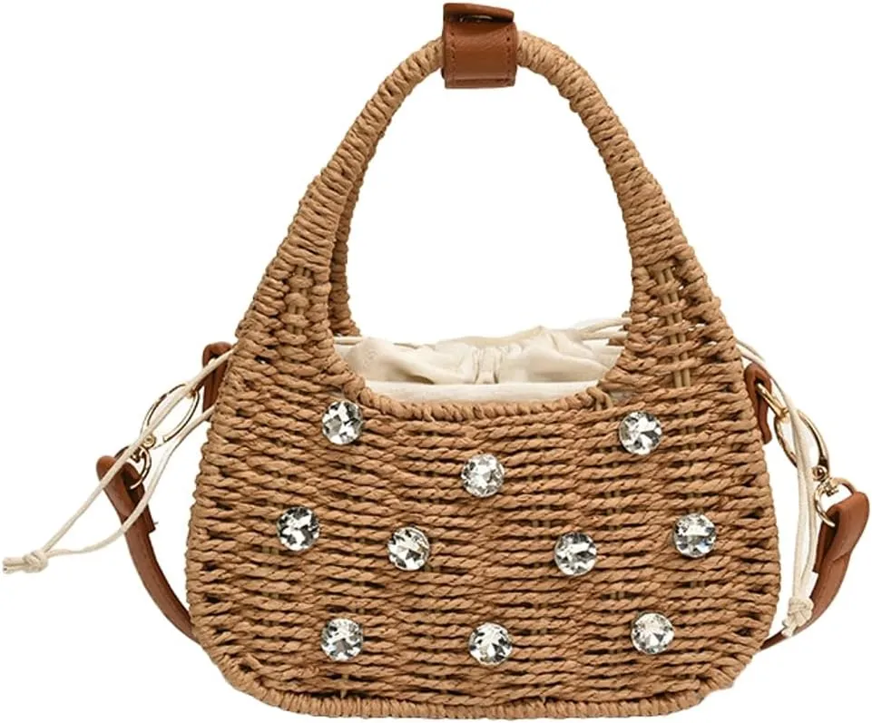 Rhinestone Handbag for Women Straw Shoulder Bag Summer Beach Vacation Woven Crossbody Bag Trendy Hobo Bag 2025