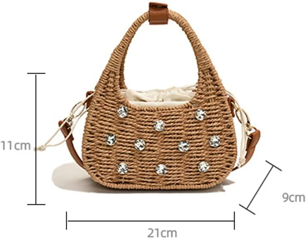 Rhinestone Handbag for Women Straw Shoulder Bag Summer Beach Vacation Woven Crossbody Bag Trendy Hobo Bag 2025