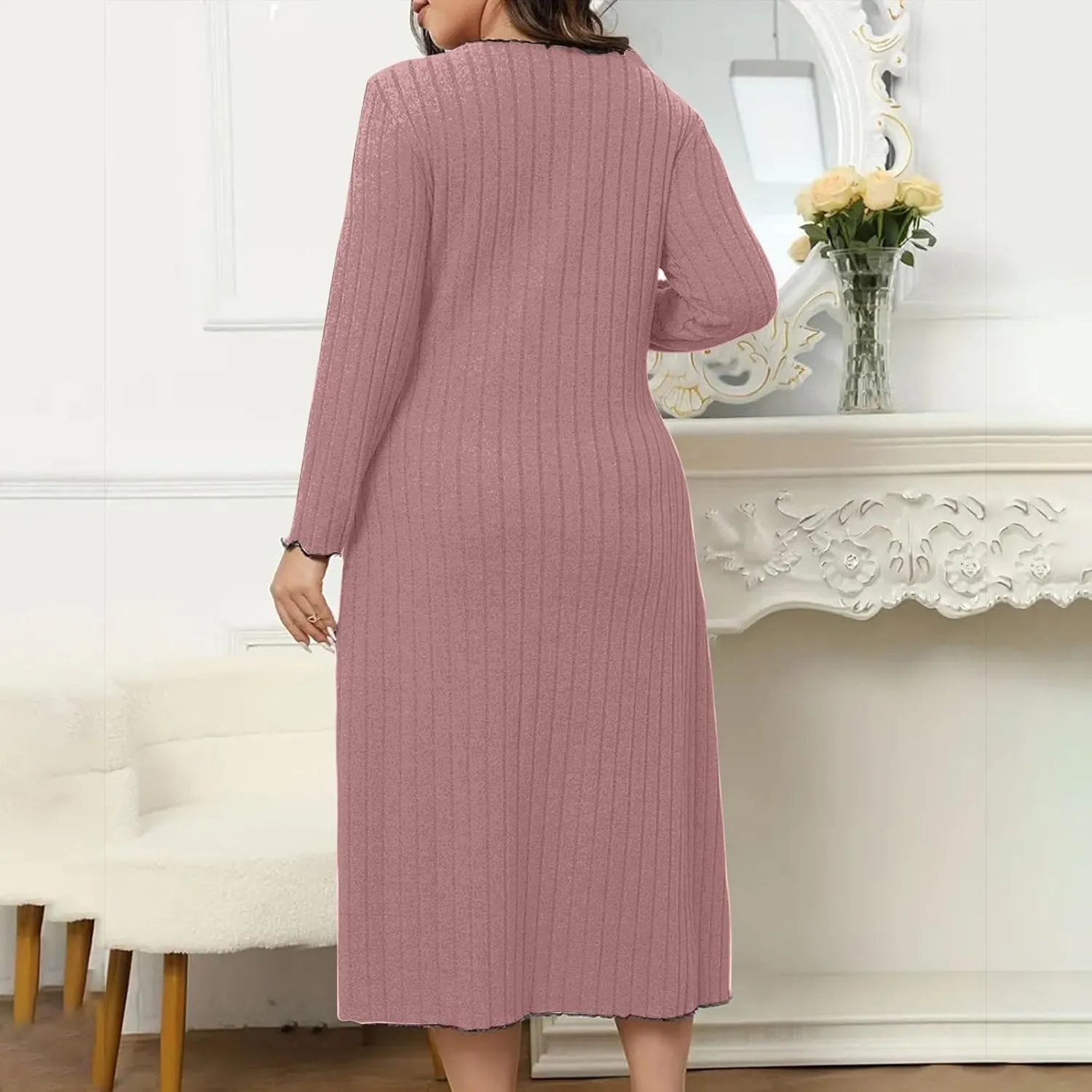 Ribbed Knit Dress for Women 2025 Trendy V Neck Long Sleeve Bodycon Midi Dresses Plus Size Fashion Comfy Slim Dress