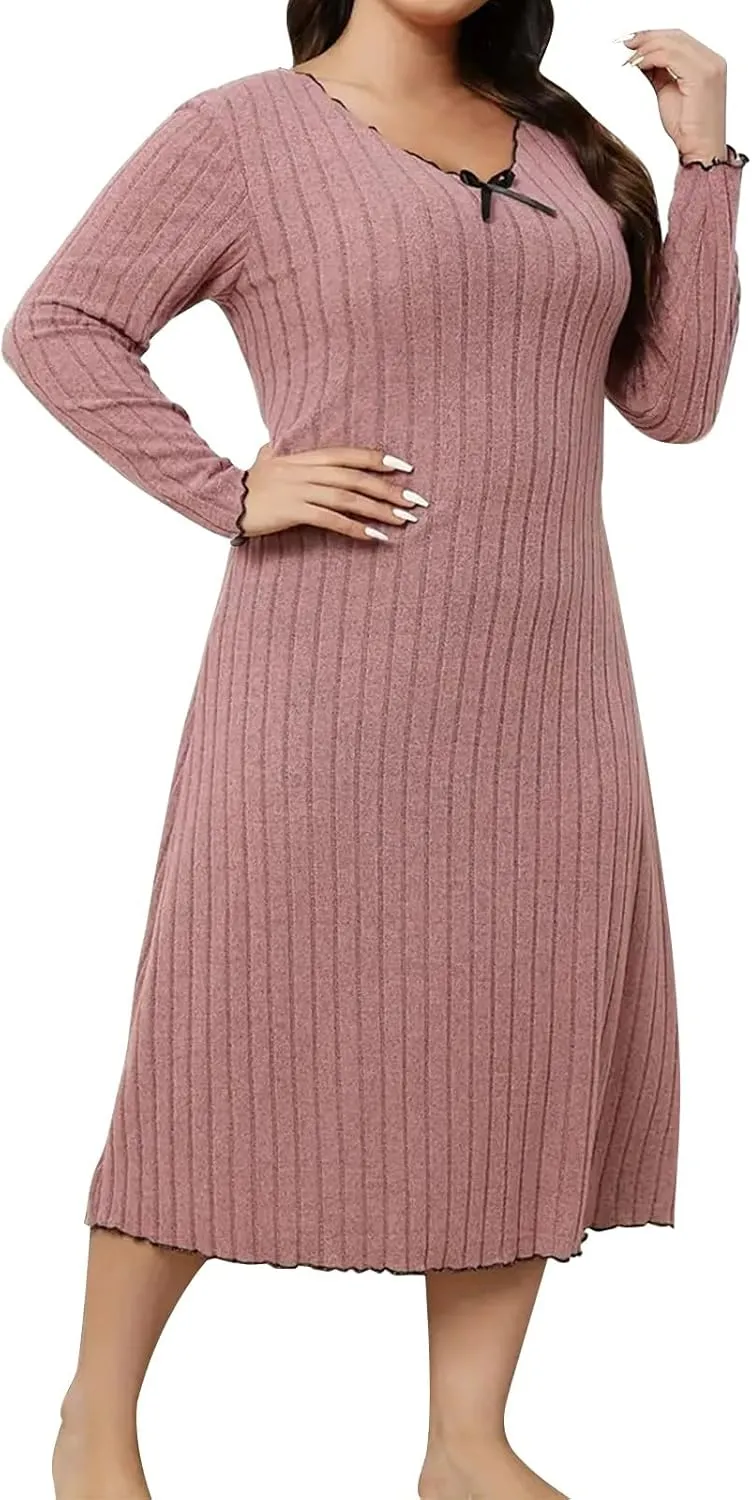Ribbed Knit Dress for Women 2025 Trendy V Neck Long Sleeve Bodycon Midi Dresses Plus Size Fashion Comfy Slim Dress