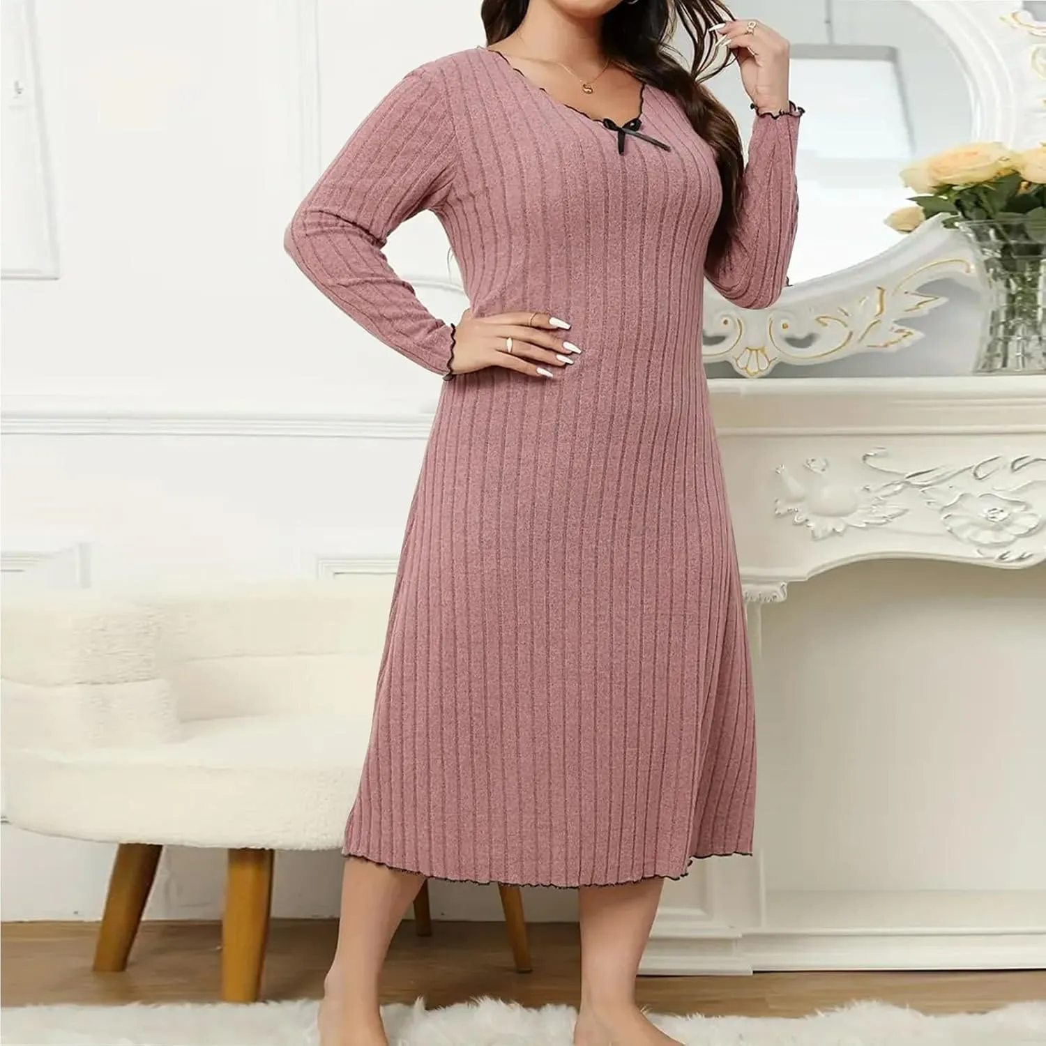 Ribbed Knit Dress for Women 2025 Trendy V Neck Long Sleeve Bodycon Midi Dresses Plus Size Fashion Comfy Slim Dress