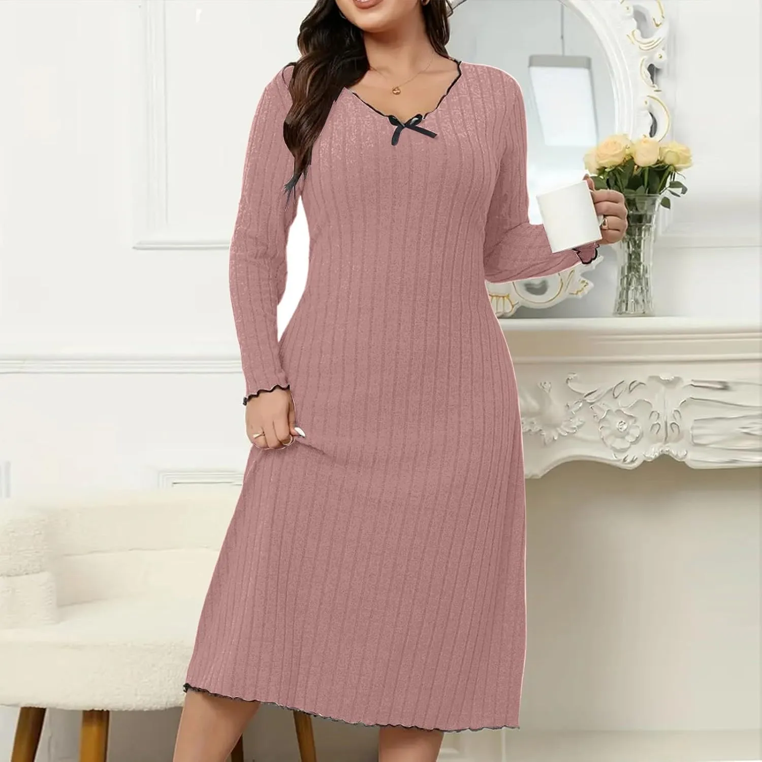 Ribbed Knit Dress for Women 2025 Trendy V Neck Long Sleeve Bodycon Midi Dresses Plus Size Fashion Comfy Slim Dress