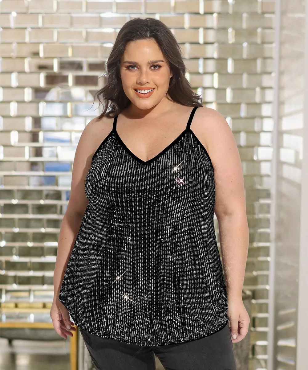 RITERA Plus Size Sequin Tank for Women V Neck Shimmer Sleeveless Tops Glitter Party Spaghetti Sparkle Camisole XL-5XL