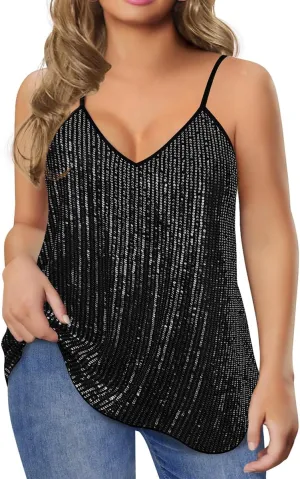 RITERA Plus Size Sequin Tank for Women V Neck Shimmer Sleeveless Tops Glitter Party Spaghetti Sparkle Camisole XL-5XL
