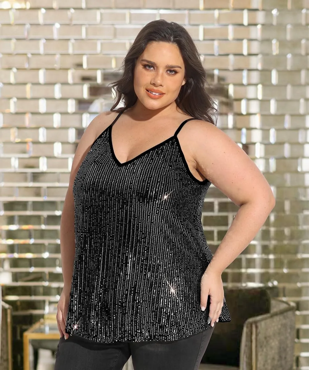 RITERA Plus Size Sequin Tank for Women V Neck Shimmer Sleeveless Tops Glitter Party Spaghetti Sparkle Camisole XL-5XL