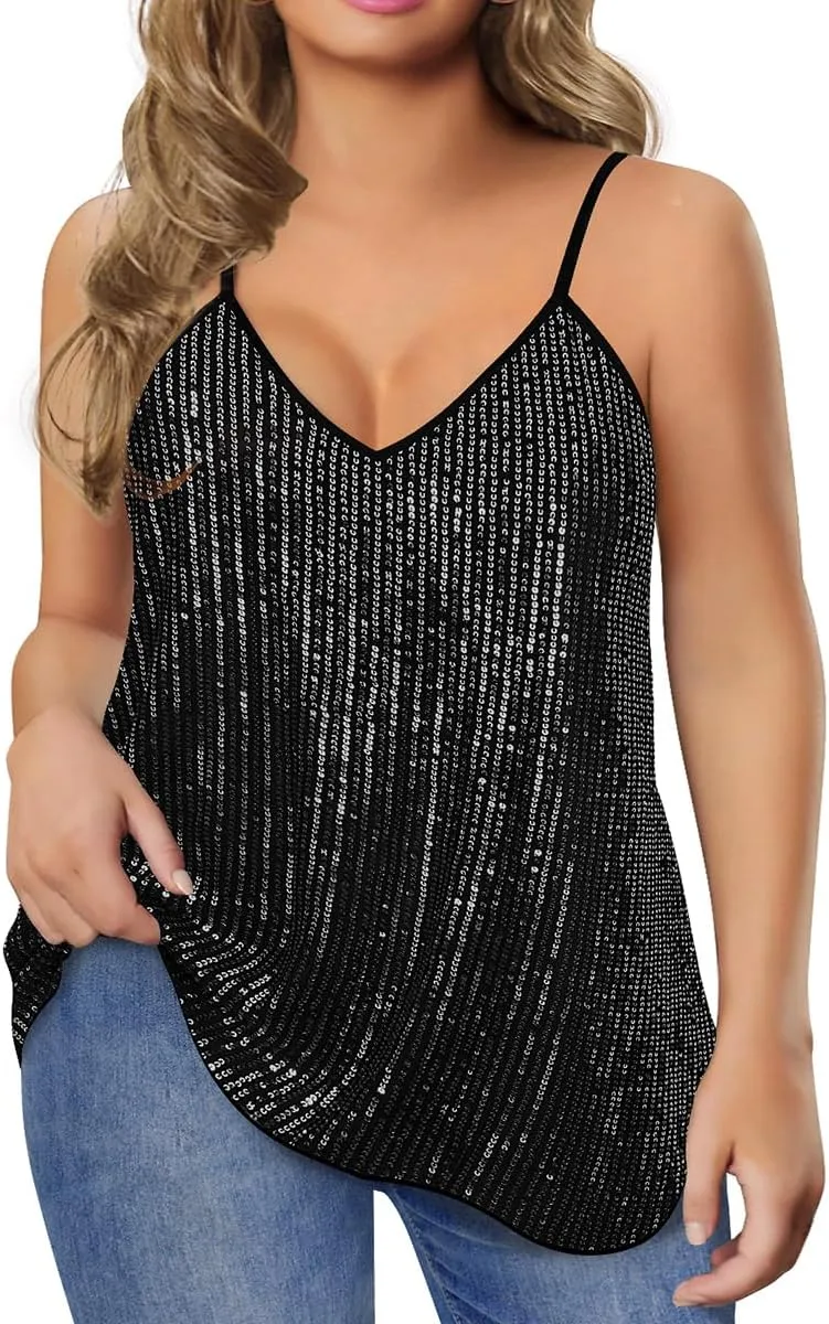 RITERA Plus Size Sequin Tank for Women V Neck Shimmer Sleeveless Tops Glitter Party Spaghetti Sparkle Camisole XL-5XL