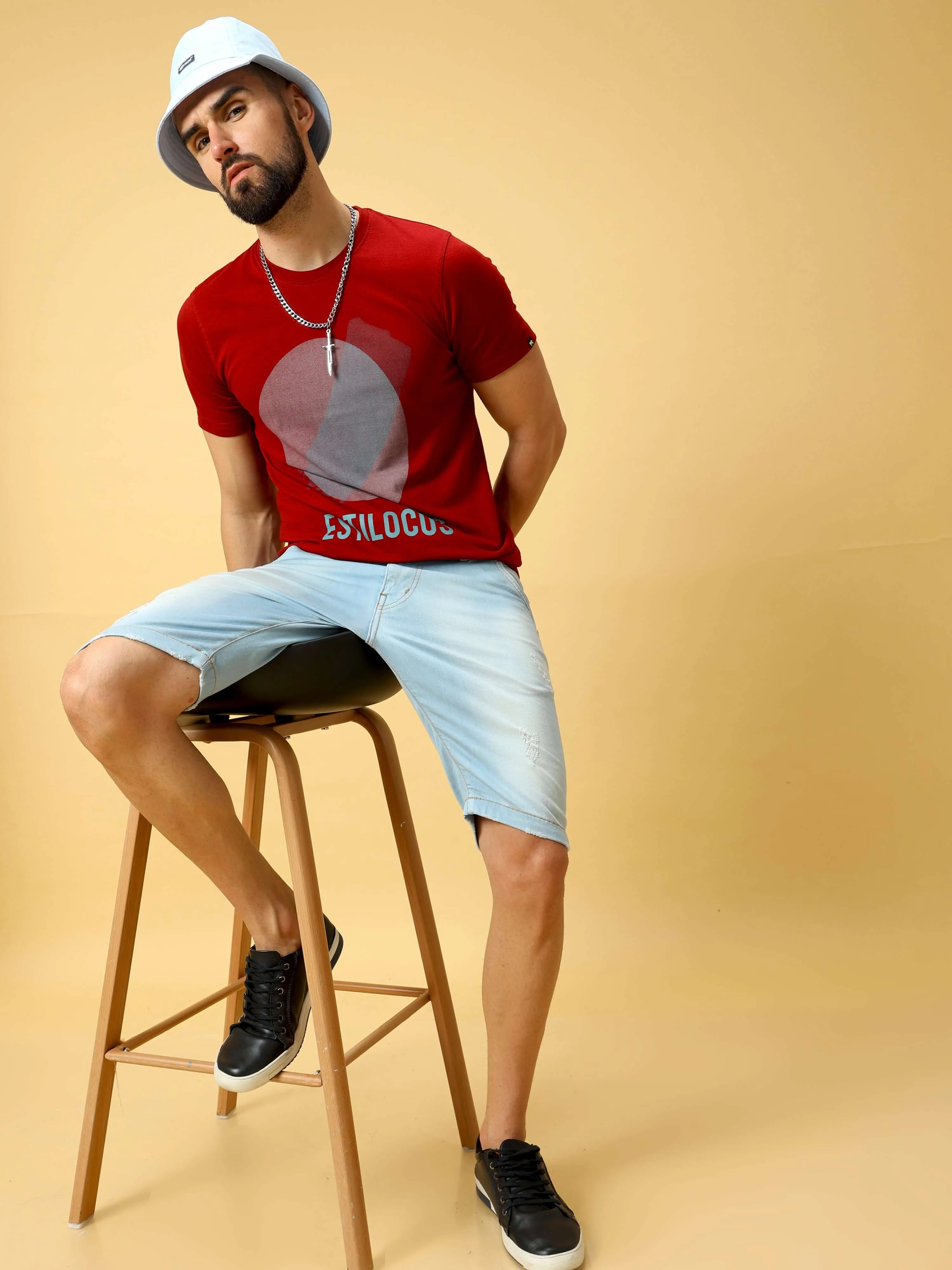 Round Grey/D.Green Chest Print Crew Neck T-Shirt