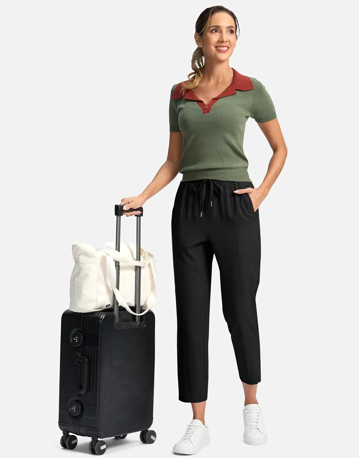 SANTINY Women's Lightweght Pants with Pockets 7/8 High Waisted Stretch Ankle Pants for Women Golf Travel Athletic Casual