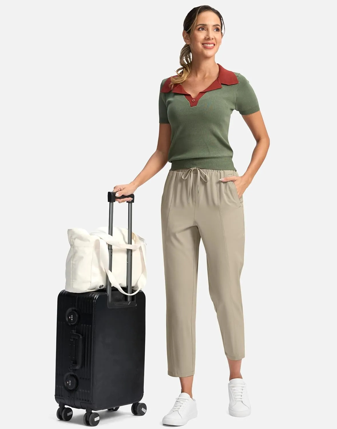 SANTINY Women's Lightweght Pants with Pockets 7/8 High Waisted Stretch Ankle Pants for Women Golf Travel Athletic Casual