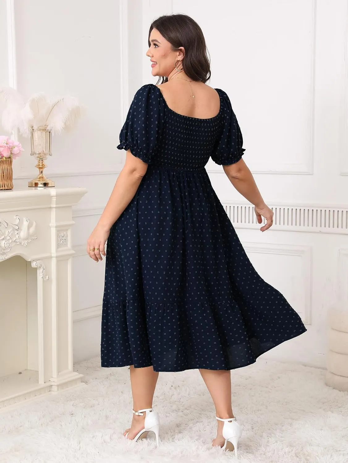 SCOMCHIC Women Plus Size Summer Dress Puff Short Sleeve Smocked Drawstring Ruffle Boho Swiss Dot Casual Midi Dresses