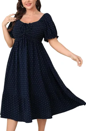 SCOMCHIC Women Plus Size Summer Dress Puff Short Sleeve Smocked Drawstring Ruffle Boho Swiss Dot Casual Midi Dresses
