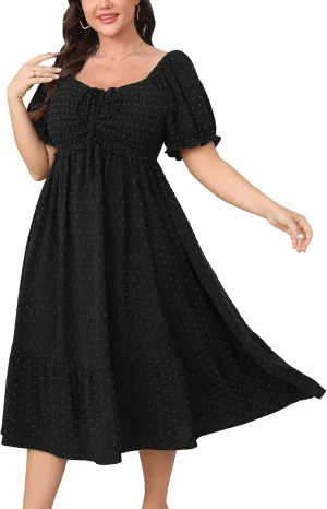 SCOMCHIC Women Plus Size Summer Dress Puff Short Sleeve Smocked Drawstring Ruffle Boho Swiss Dot Casual Midi Dresses