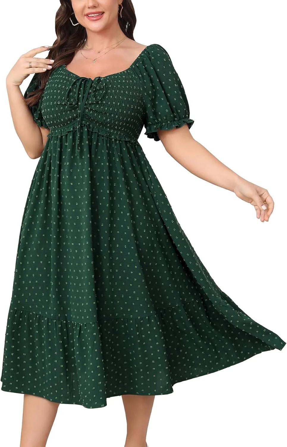 SCOMCHIC Women Plus Size Summer Dress Puff Short Sleeve Smocked Drawstring Ruffle Boho Swiss Dot Casual Midi Dresses