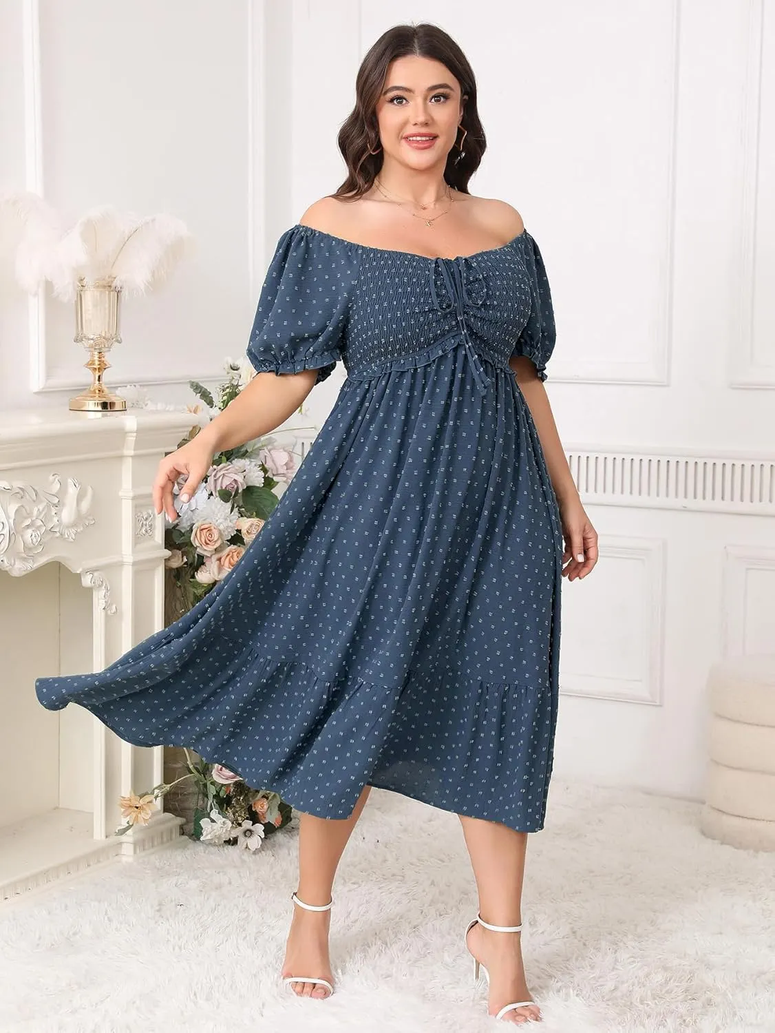 SCOMCHIC Women Plus Size Summer Dress Puff Short Sleeve Smocked Drawstring Ruffle Boho Swiss Dot Casual Midi Dresses