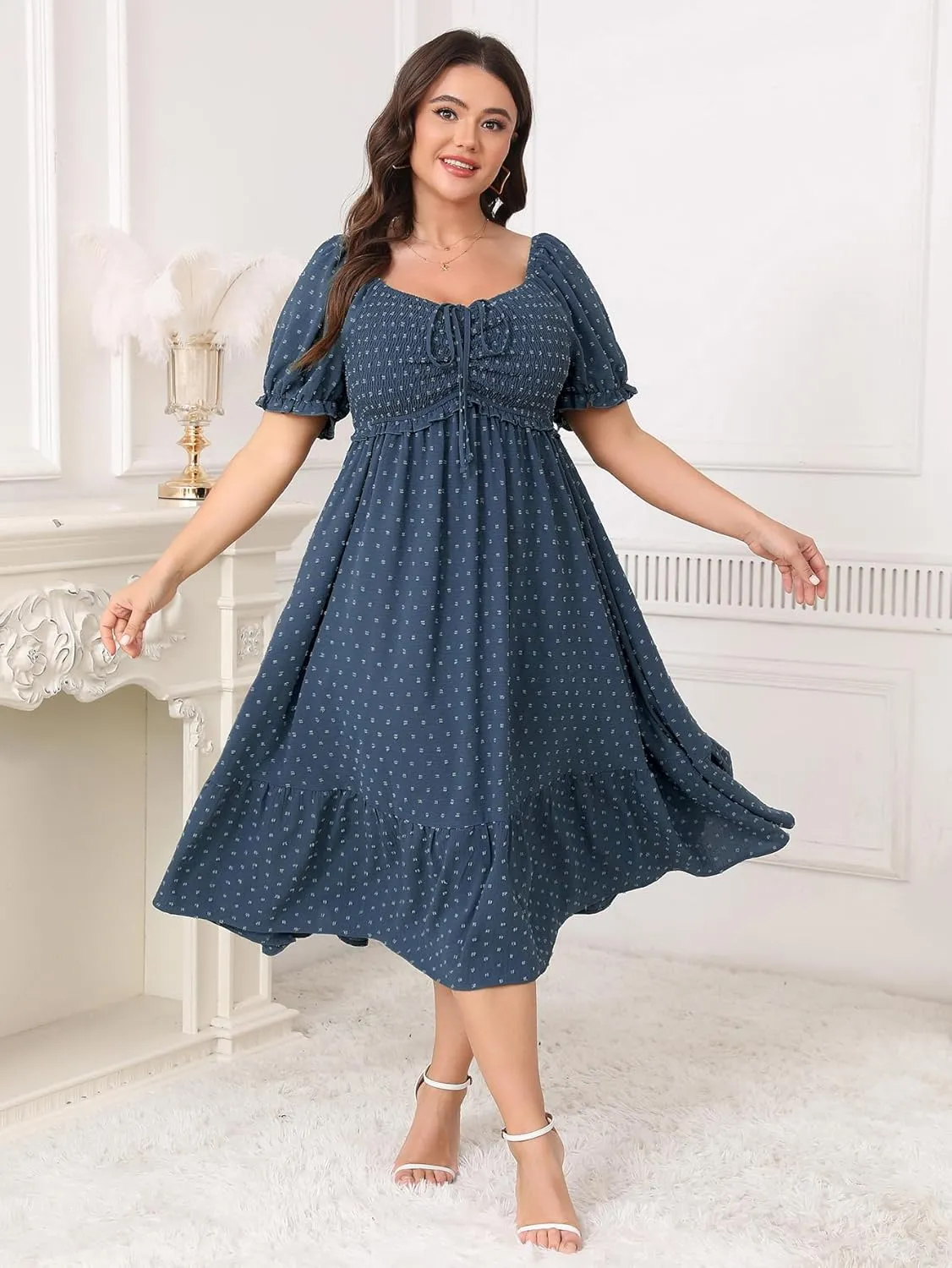 SCOMCHIC Women Plus Size Summer Dress Puff Short Sleeve Smocked Drawstring Ruffle Boho Swiss Dot Casual Midi Dresses