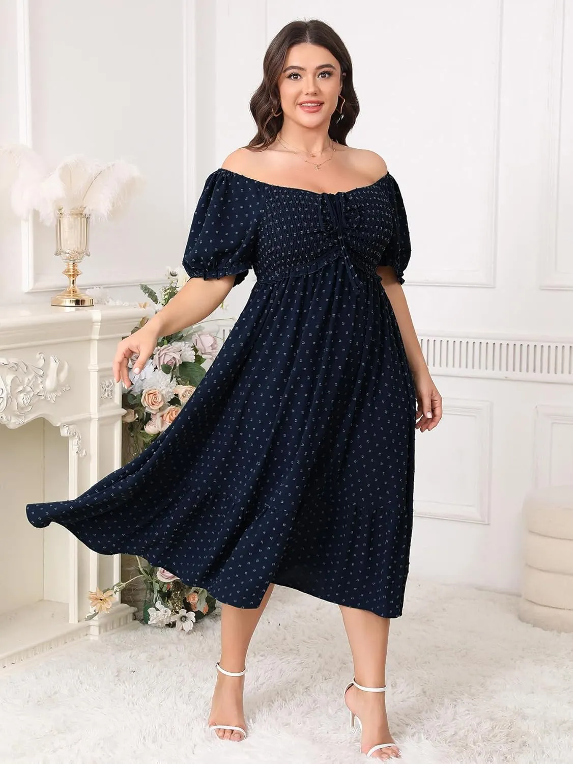 SCOMCHIC Women Plus Size Summer Dress Puff Short Sleeve Smocked Drawstring Ruffle Boho Swiss Dot Casual Midi Dresses