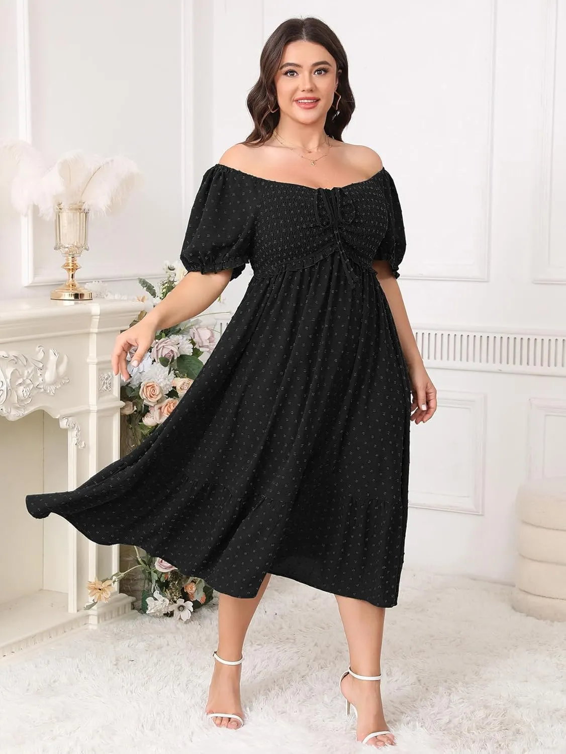 SCOMCHIC Women Plus Size Summer Dress Puff Short Sleeve Smocked Drawstring Ruffle Boho Swiss Dot Casual Midi Dresses