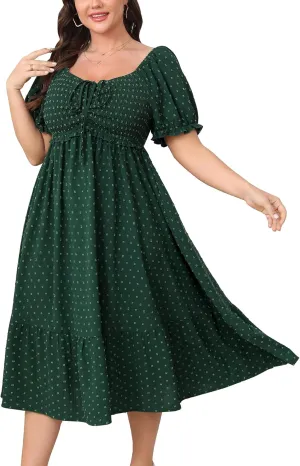 SCOMCHIC Women Plus Size Summer Dress Puff Short Sleeve Smocked Drawstring Ruffle Boho Swiss Dot Casual Midi Dresses