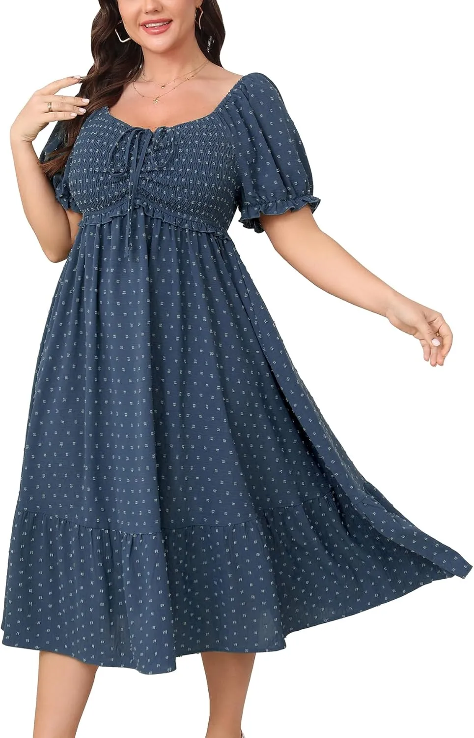 SCOMCHIC Women Plus Size Summer Dress Puff Short Sleeve Smocked Drawstring Ruffle Boho Swiss Dot Casual Midi Dresses