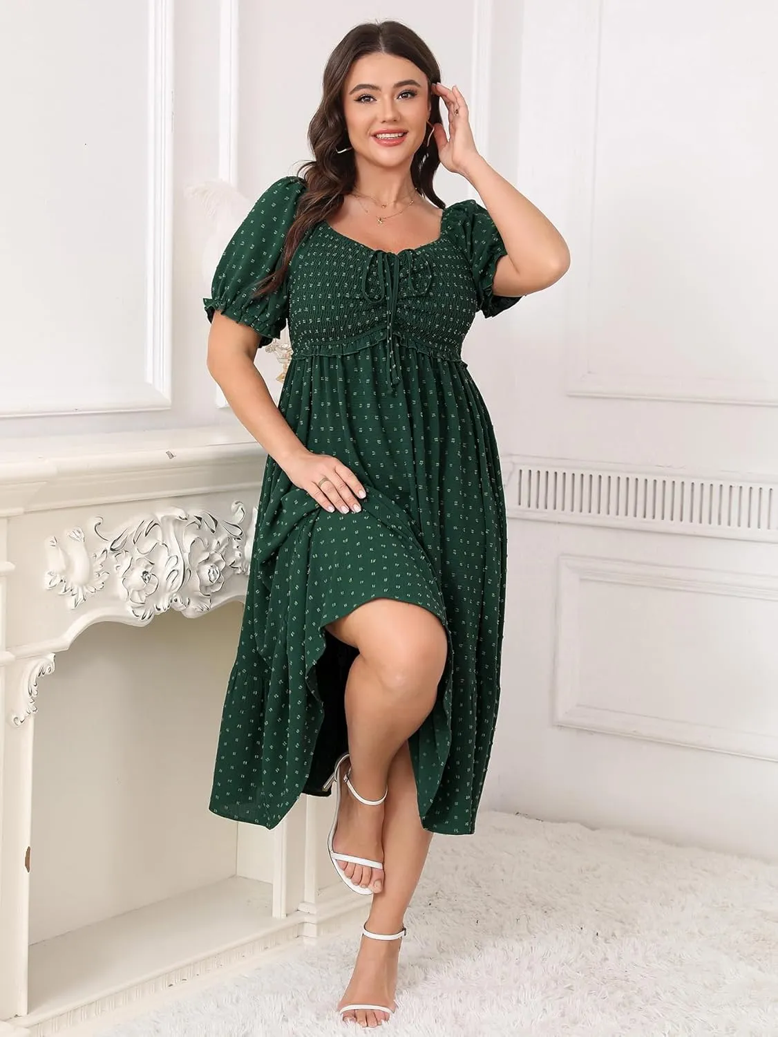SCOMCHIC Women Plus Size Summer Dress Puff Short Sleeve Smocked Drawstring Ruffle Boho Swiss Dot Casual Midi Dresses