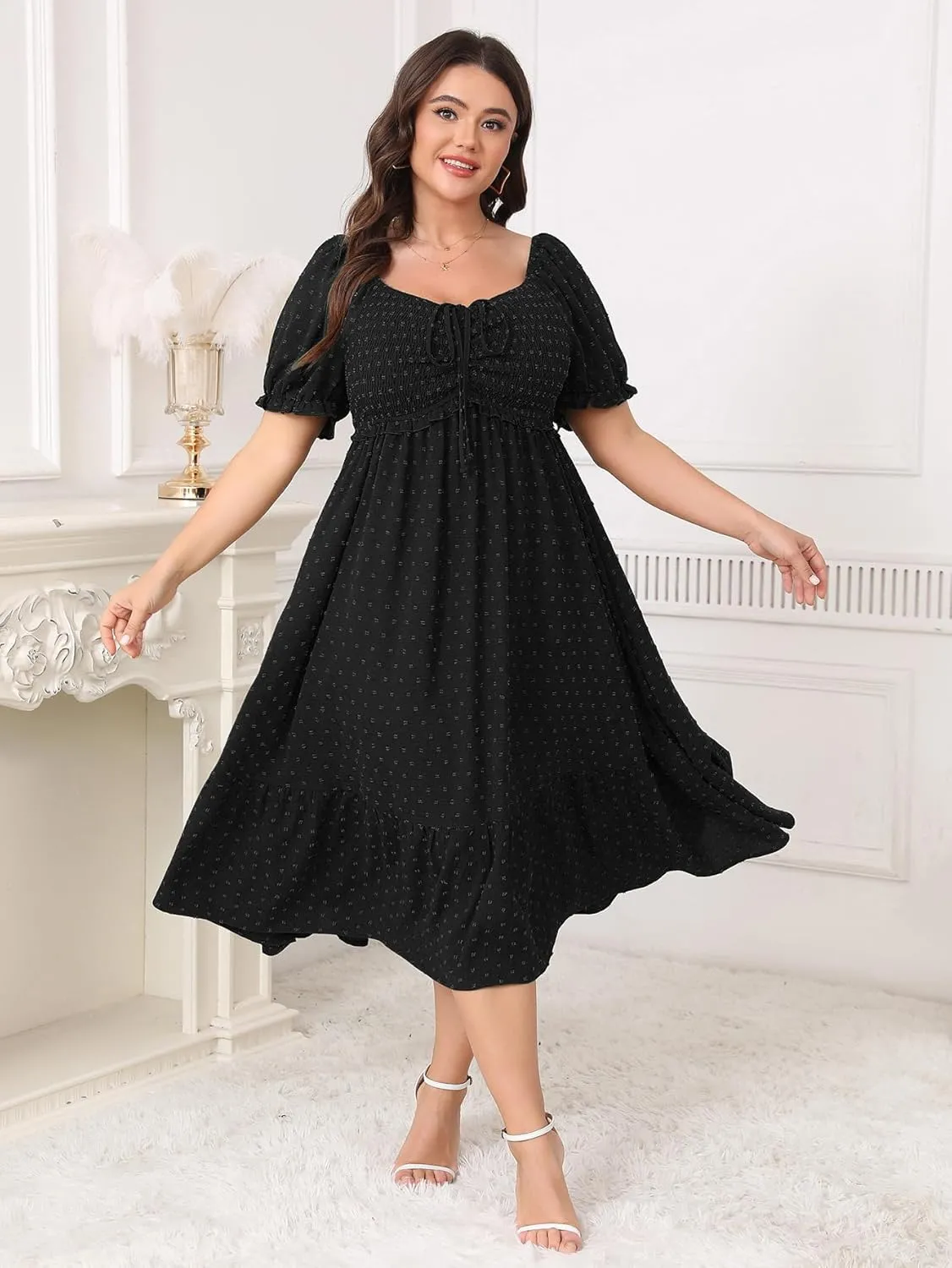 SCOMCHIC Women Plus Size Summer Dress Puff Short Sleeve Smocked Drawstring Ruffle Boho Swiss Dot Casual Midi Dresses