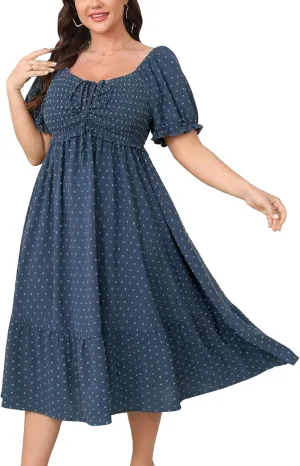 SCOMCHIC Women Plus Size Summer Dress Puff Short Sleeve Smocked Drawstring Ruffle Boho Swiss Dot Casual Midi Dresses