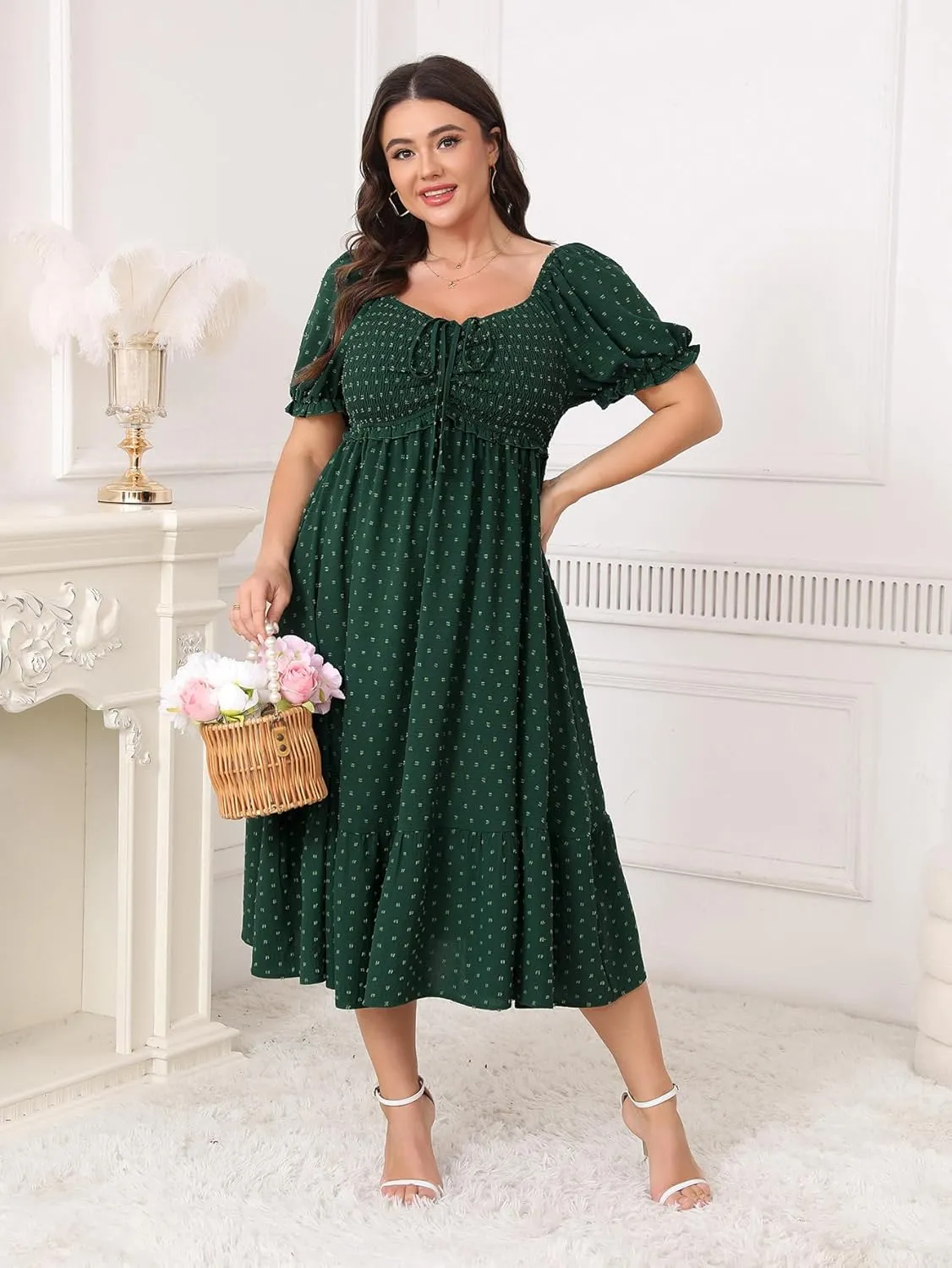 SCOMCHIC Women Plus Size Summer Dress Puff Short Sleeve Smocked Drawstring Ruffle Boho Swiss Dot Casual Midi Dresses
