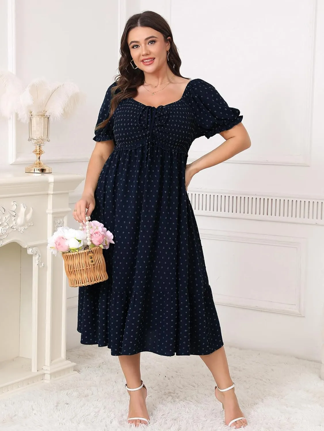 SCOMCHIC Women Plus Size Summer Dress Puff Short Sleeve Smocked Drawstring Ruffle Boho Swiss Dot Casual Midi Dresses