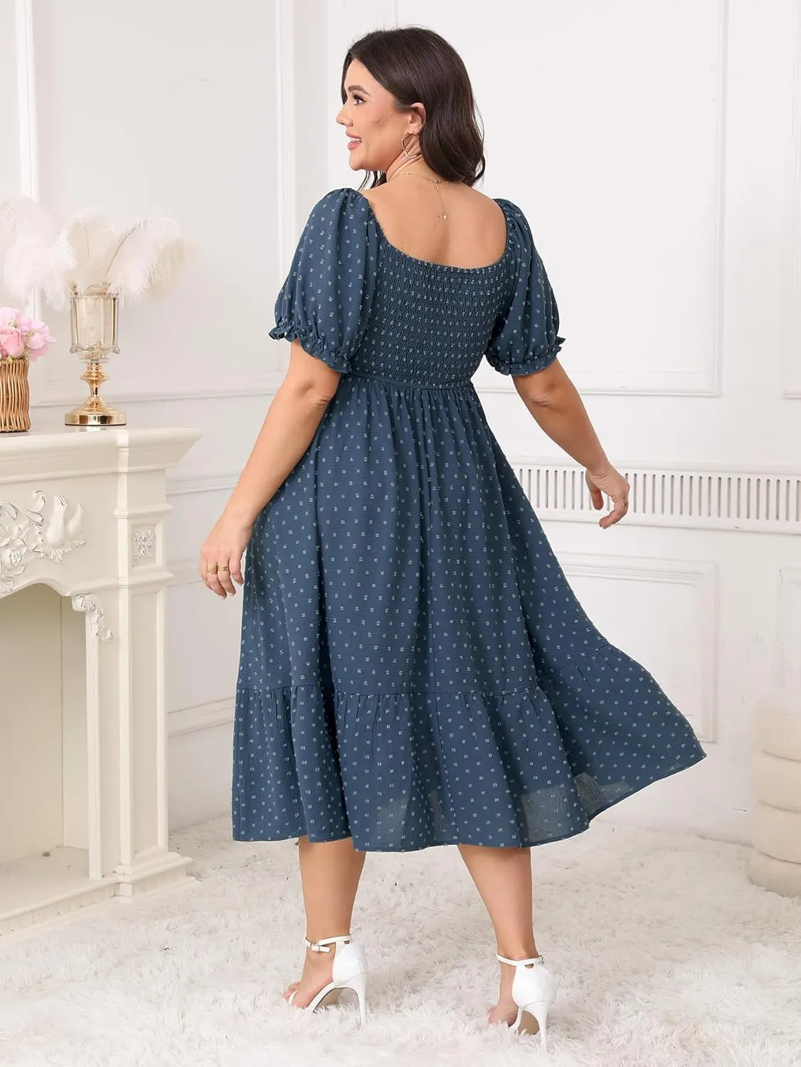 SCOMCHIC Women Plus Size Summer Dress Puff Short Sleeve Smocked Drawstring Ruffle Boho Swiss Dot Casual Midi Dresses