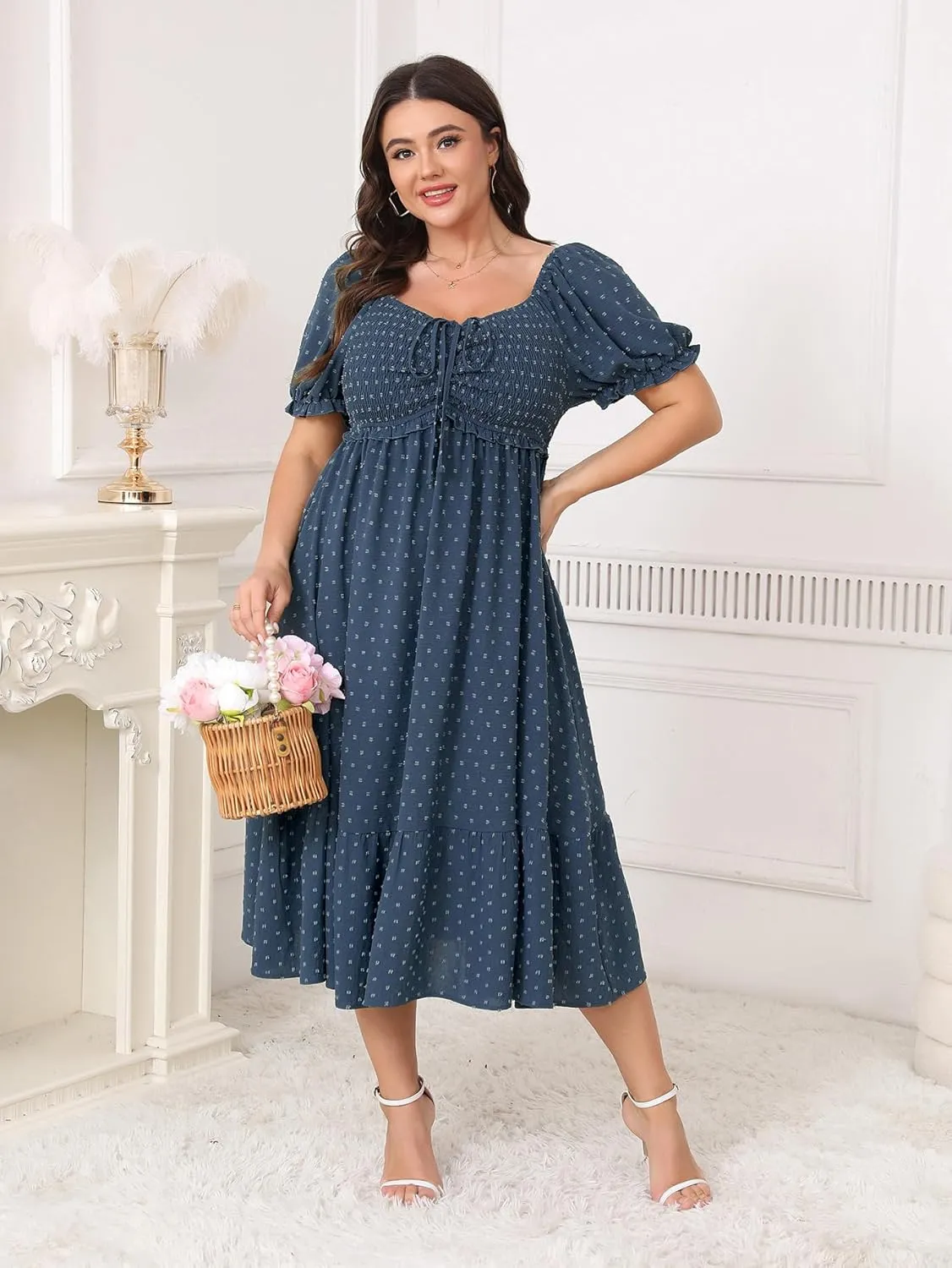 SCOMCHIC Women Plus Size Summer Dress Puff Short Sleeve Smocked Drawstring Ruffle Boho Swiss Dot Casual Midi Dresses