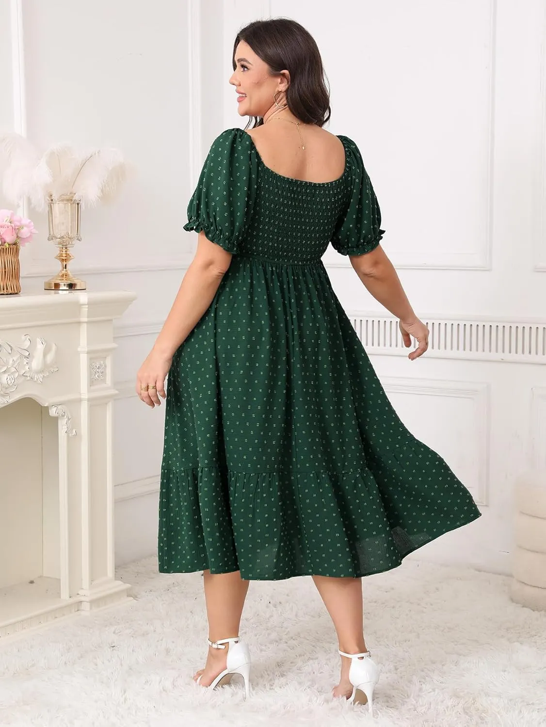SCOMCHIC Women Plus Size Summer Dress Puff Short Sleeve Smocked Drawstring Ruffle Boho Swiss Dot Casual Midi Dresses