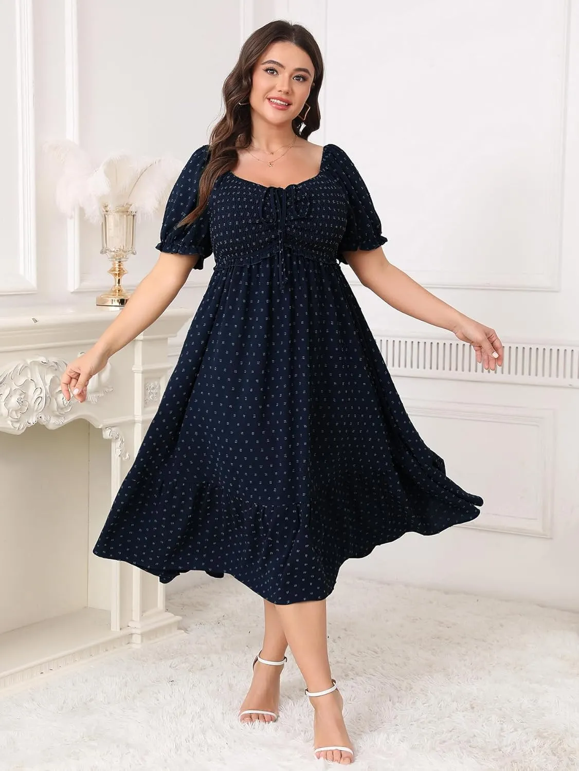 SCOMCHIC Women Plus Size Summer Dress Puff Short Sleeve Smocked Drawstring Ruffle Boho Swiss Dot Casual Midi Dresses