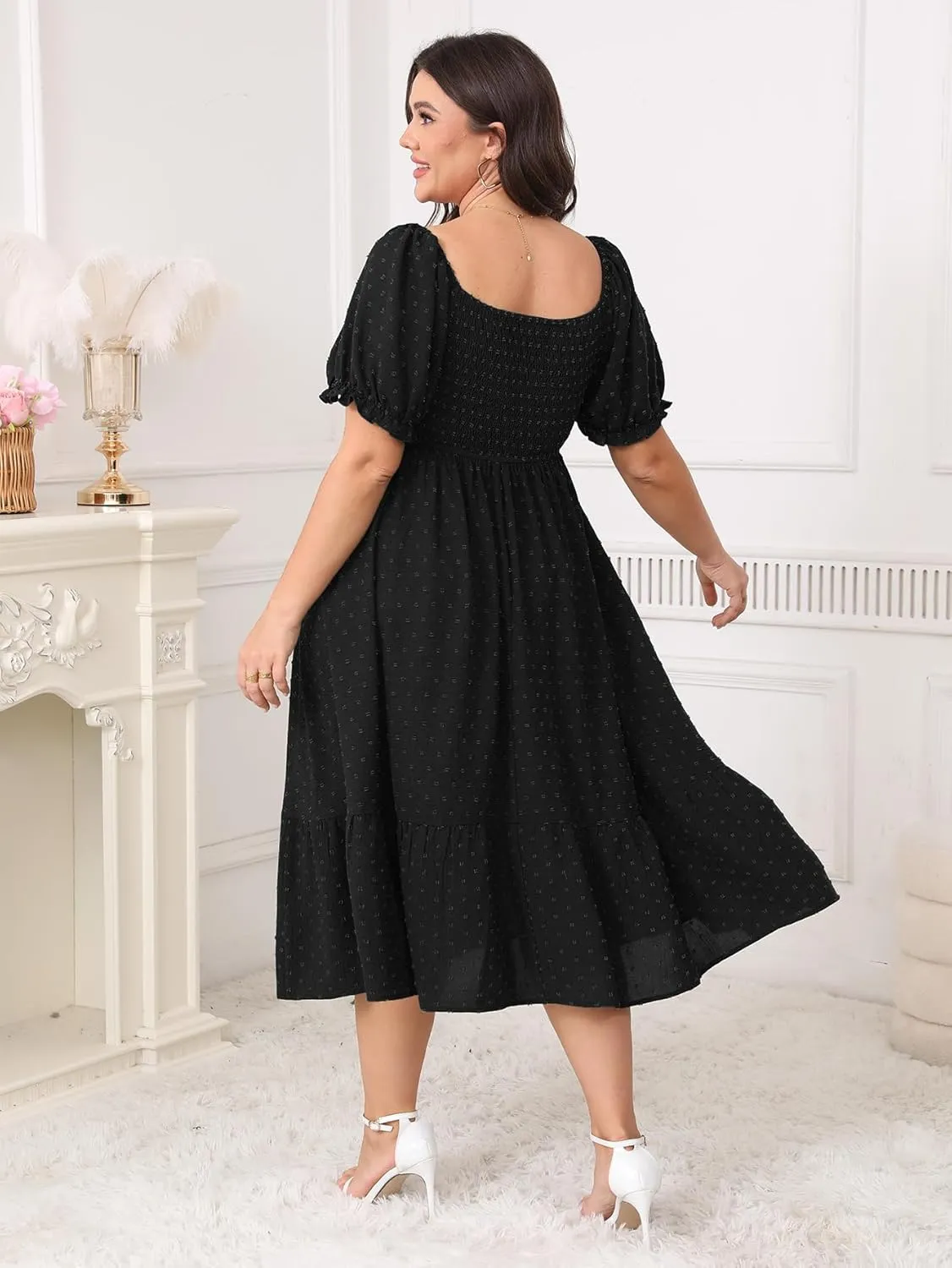 SCOMCHIC Women Plus Size Summer Dress Puff Short Sleeve Smocked Drawstring Ruffle Boho Swiss Dot Casual Midi Dresses
