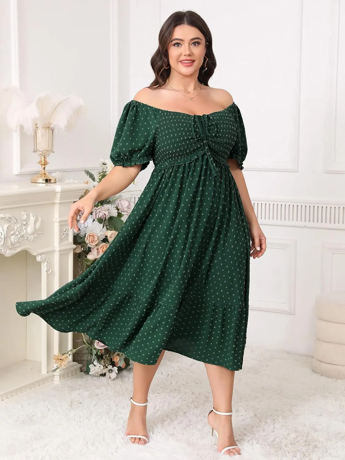SCOMCHIC Women Plus Size Summer Dress Puff Short Sleeve Smocked Drawstring Ruffle Boho Swiss Dot Casual Midi Dresses