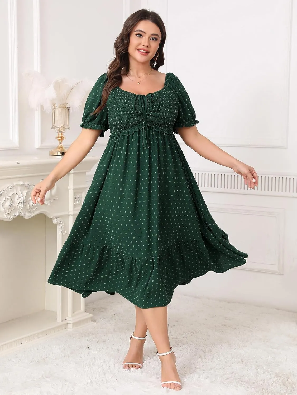 SCOMCHIC Women Plus Size Summer Dress Puff Short Sleeve Smocked Drawstring Ruffle Boho Swiss Dot Casual Midi Dresses